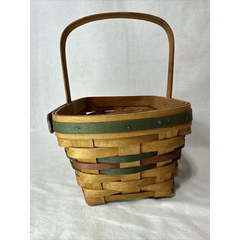 Longaberger Basket Medium with Handle 1990 Signed Green‎ and Red 11x11x8
